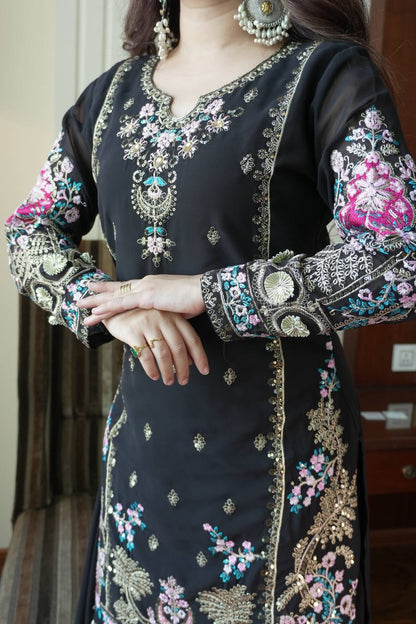 Elegant Black Fox Georgette Designer Suit Set With Embroidery Dupatta