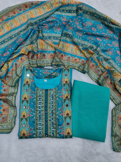 Elegant Teal Printed Chinon Suit Set with Fancy Mirror Work