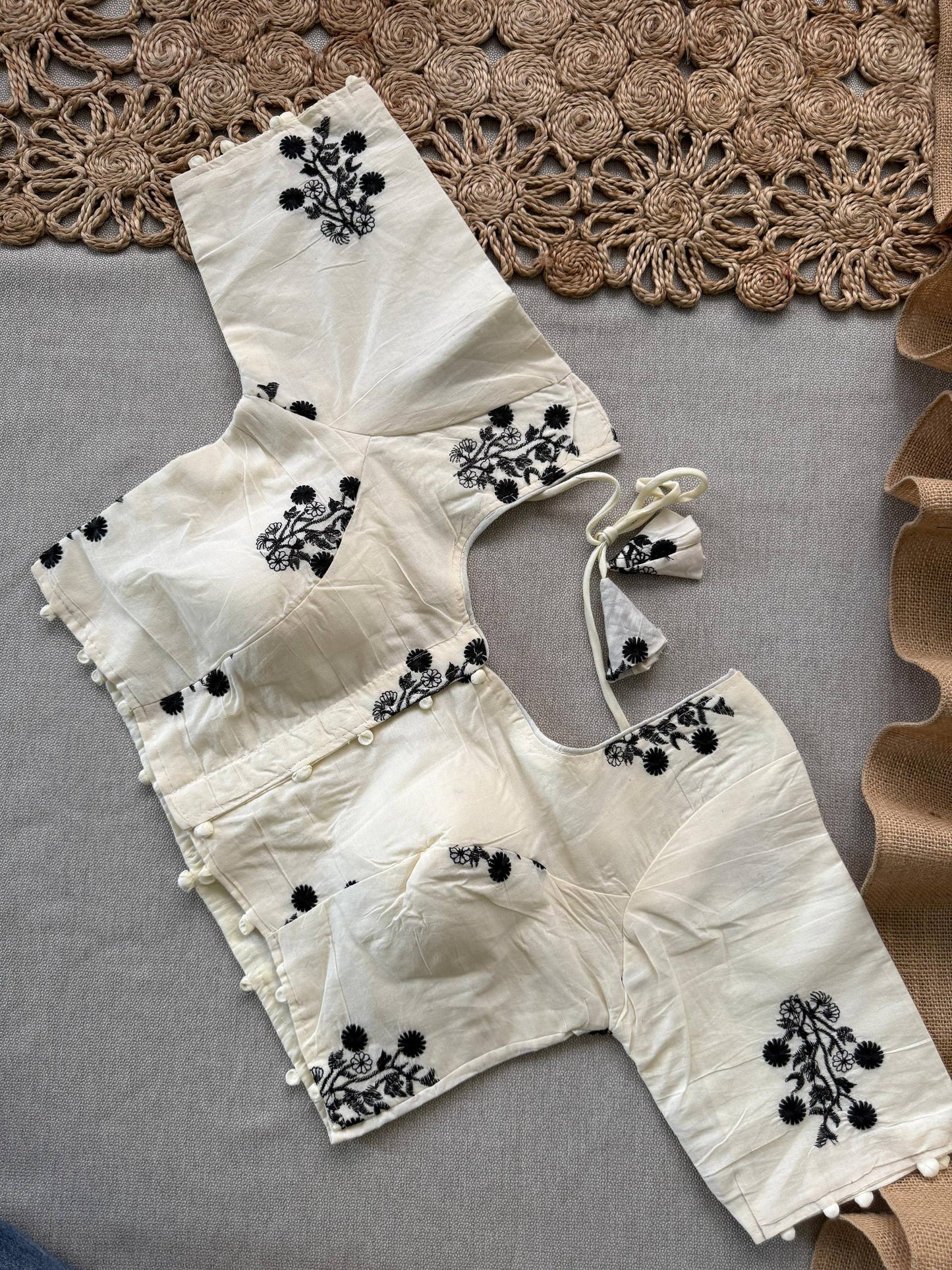 Magic - Gray Handloom Cotton Saree With Havy Embroidery Stitched Blouse