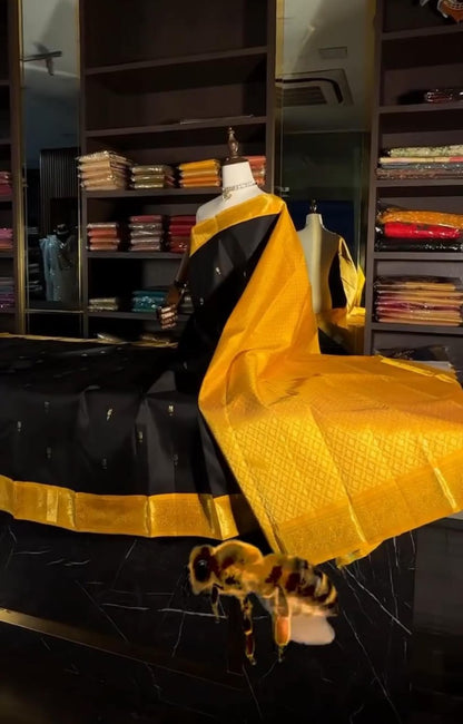 Elegant Black and Golden-Yellow Kanjivaram Style Silk Festive Saree