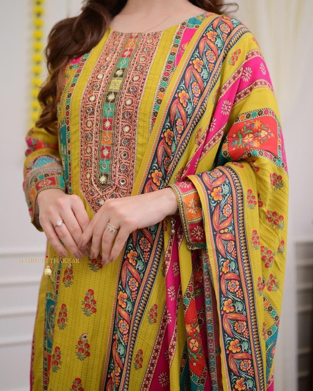 Very Beautiful Multi-Color Muslin Printed Suit Set with Dupatta