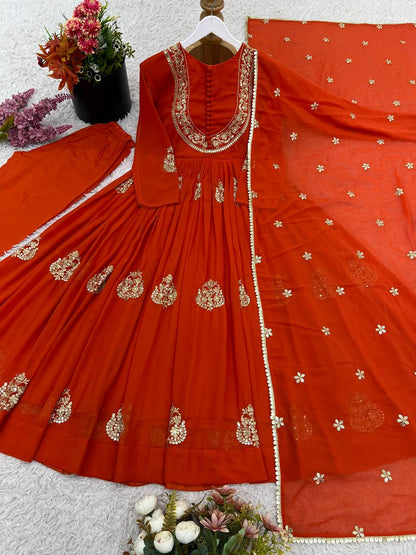 Designer Rust Orange Faux Georgette Embroidered Anarkali Suit Set with Dupatta
