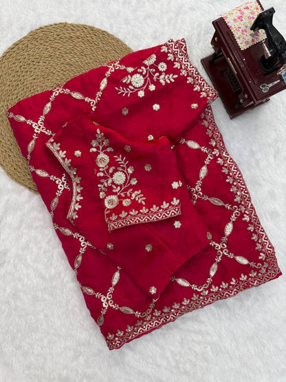 Very Attractive Magenta Thread Work Fendy Silk Saree