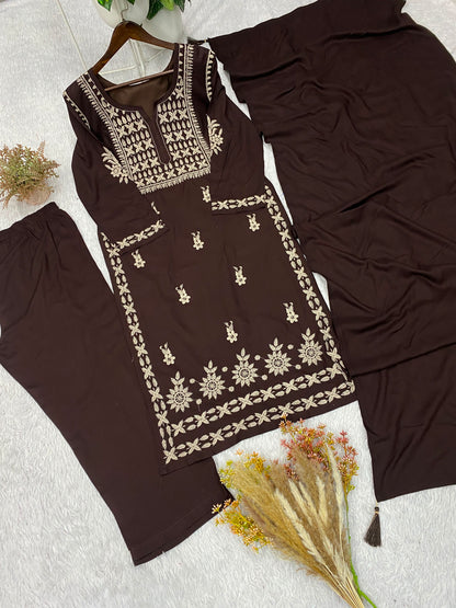 Very Attractive Brown Premium Rayon Embroidery Suit Set Set