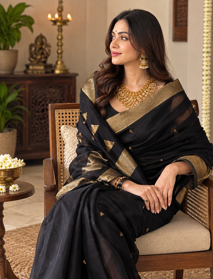 Premium Black Linen Silk Saree with Antique Gold Zari Border