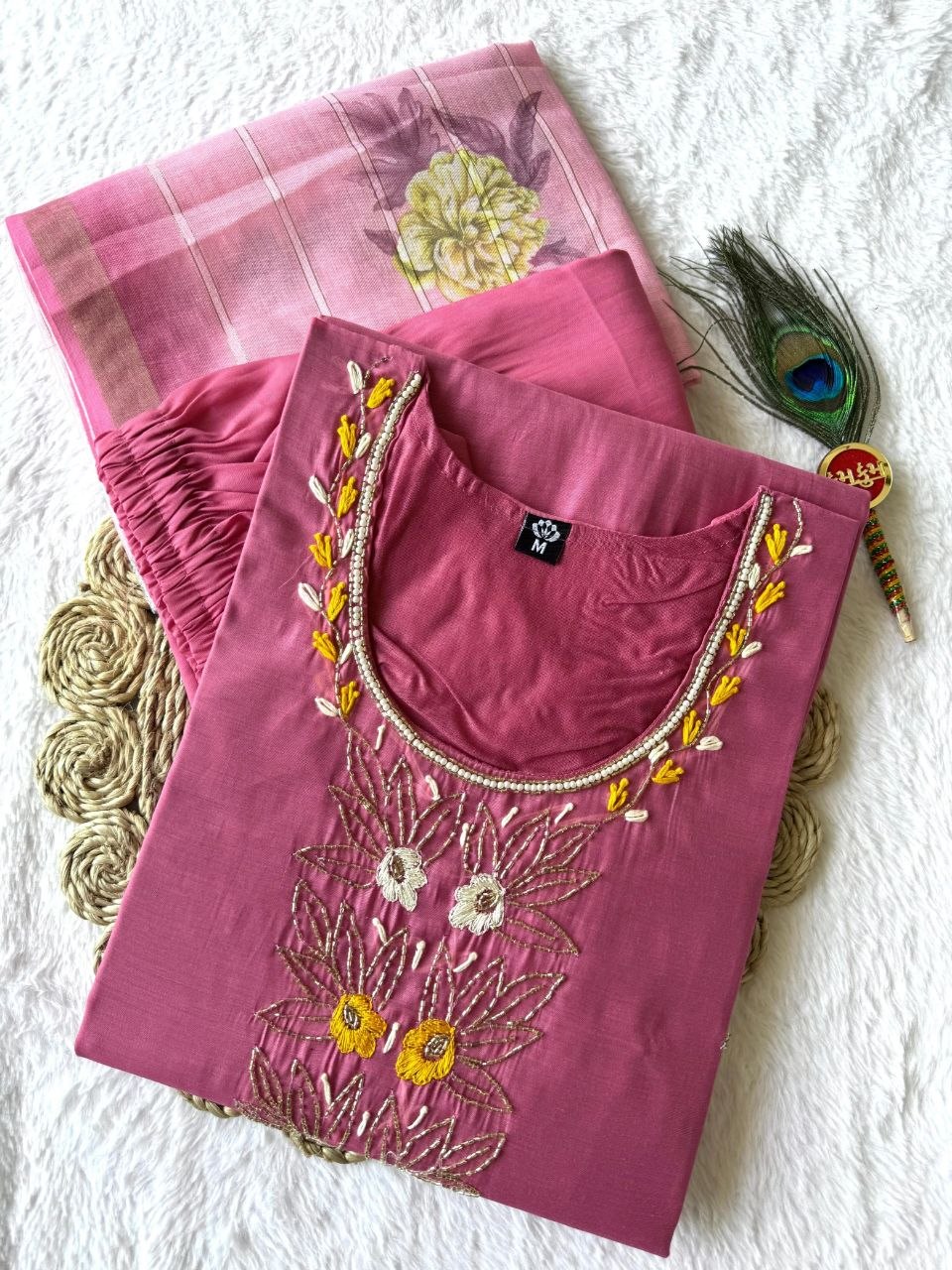New Designer Light Pink Mul Chanderi Suit Set with Beautiful Hand Work