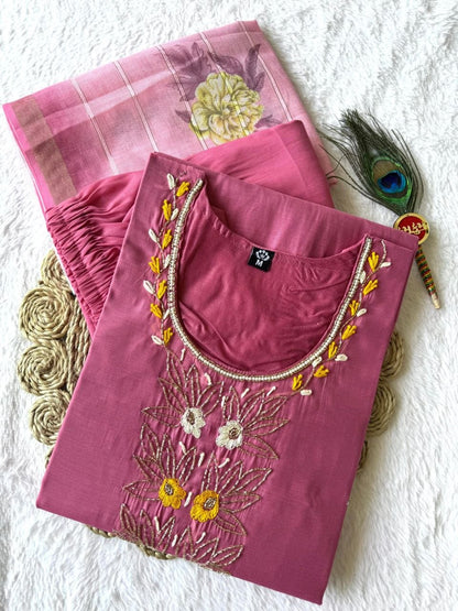 New Designer Light Pink Mul Chanderi Suit Set with Beautiful Hand Work