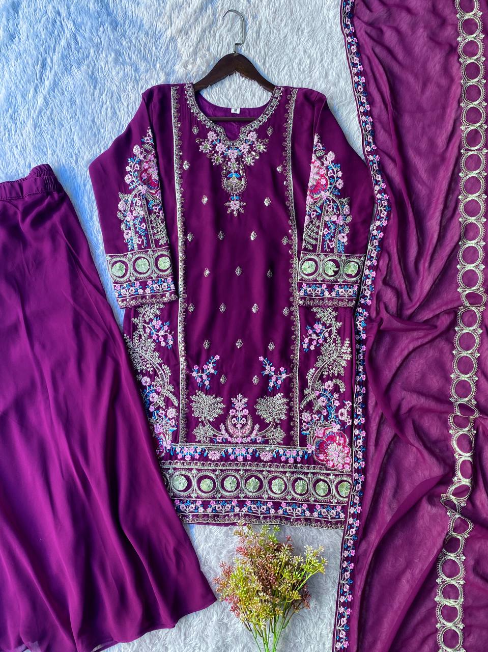 Elegant Wine Fox Georgette Designer Suit Set with Embroidered Dupatta