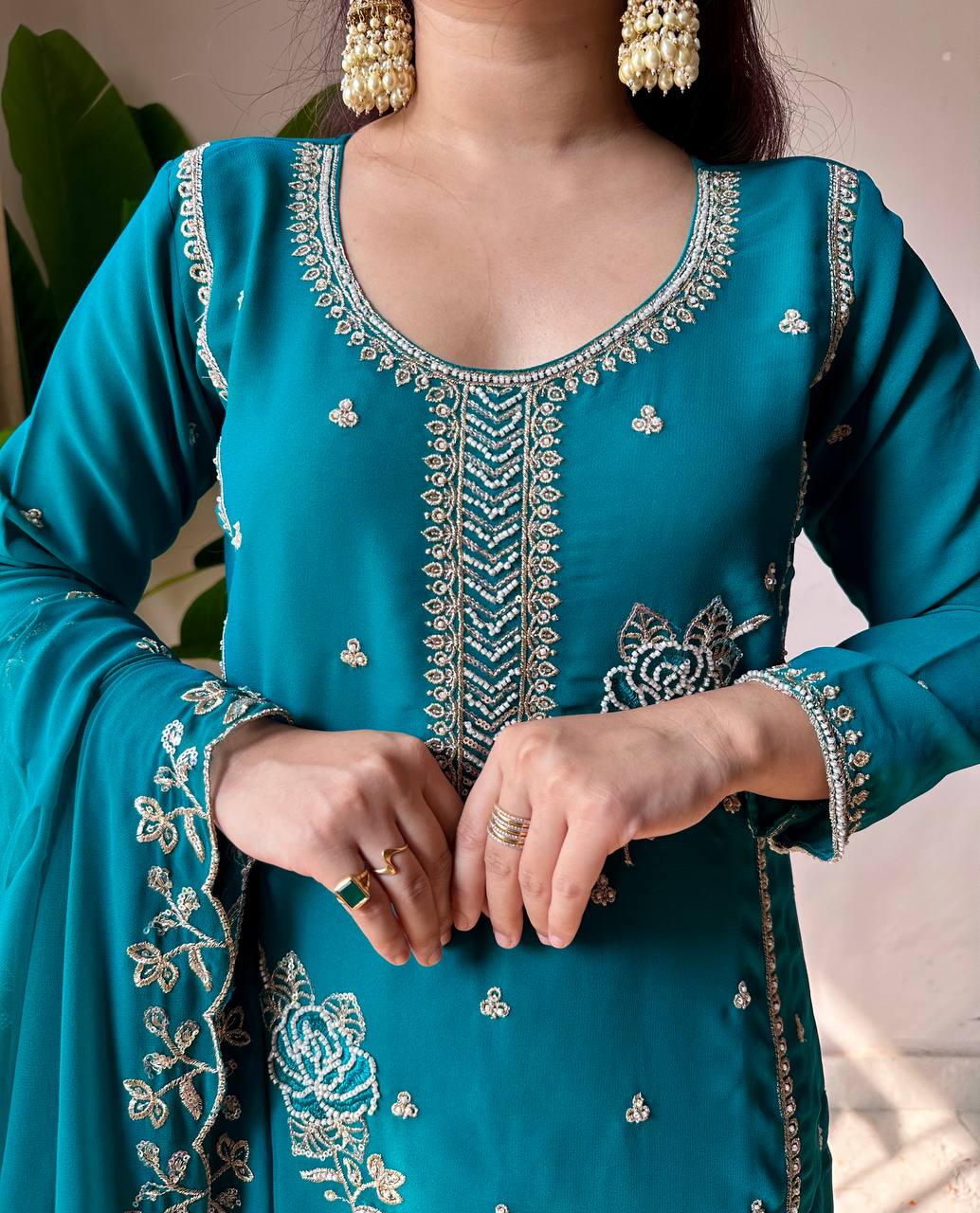 Festive Teal Green Fox Georgette Designer Suit Set with Embroidered Dupatta