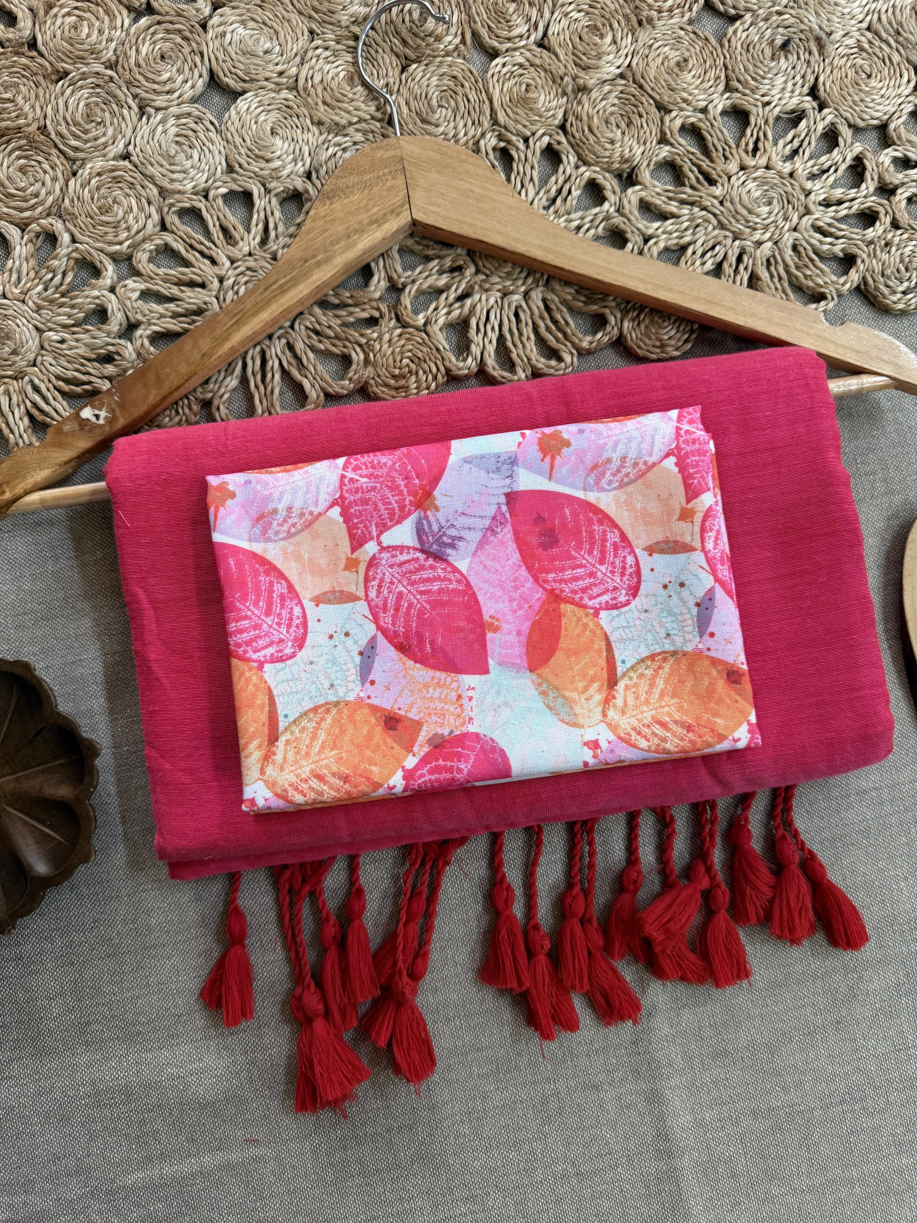 Dharma Exclusive - Pink Handloom Cotton Saree With Traditional Printed Blouse