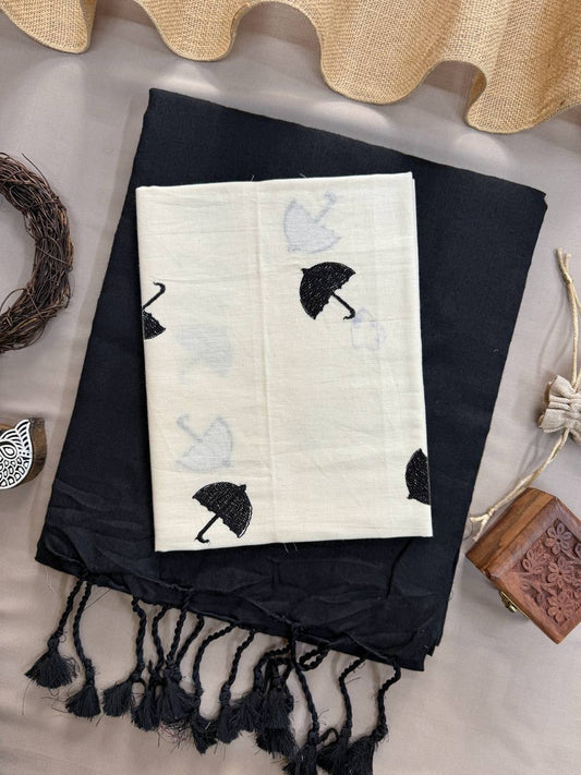 Black Handloom Cotton Saree With Trandy Embroidery Blouse