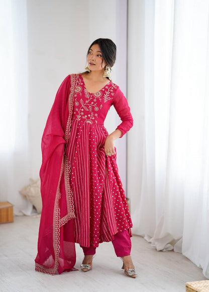 Vibrant Rani Pink Crunchy Silk Anarkali Suit Set with Floral Embroidery