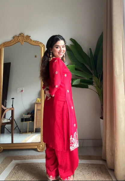 Ruby Red Chinon Silk Embroidered Salwar Suit Set with Sequin Work