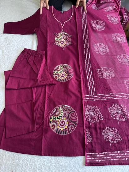 Wine Pure Cotton Embroidery Kurta Pant Set With Mandala Patchwork