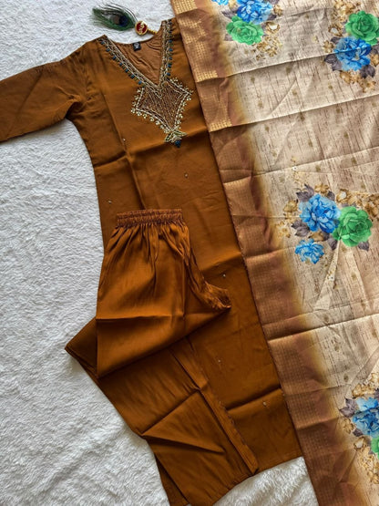 Very Attractive Brown Hand Embroidered Mul Chanderi Ethnic Suit Set