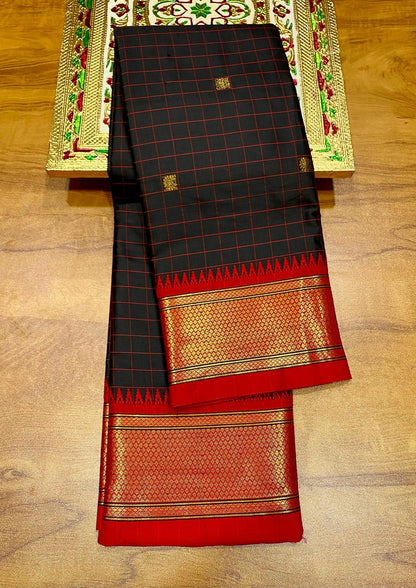 Exclusive Black & Red Chex Woven Cotton Silk Saree With Gold Zari Waving Work