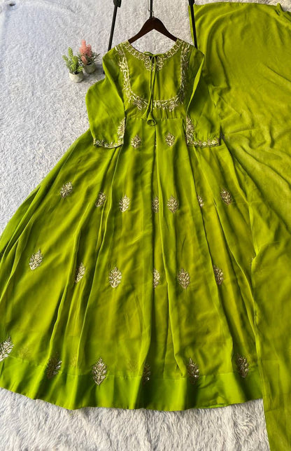 Attractive Parrot Green Georgette Embroidery Anarkali Gown with Dupatta
