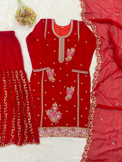 Festive Red Fox Georgette Designer Suit Set with Pearl Accent Dupatta
