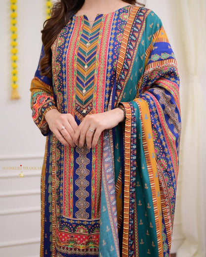 Premium Royal Multi-Color Muslin Printed Suit Set with Dupatta