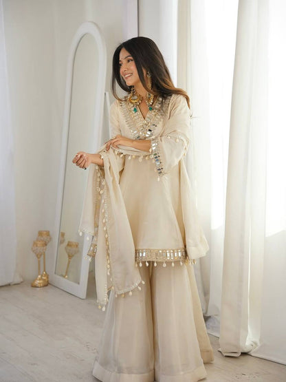 Tebby Organza Silk Peplum Sharara Set with Real Mirror Work Border
