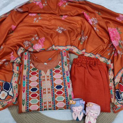 Elegant Rust Orange Soft Muslin Anarkali Salwar Suit Set with Digital Floral Print