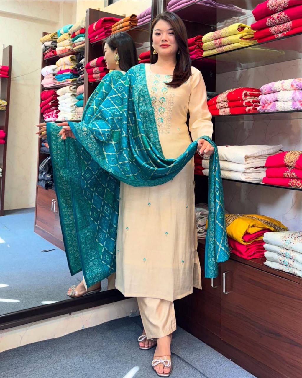 Premium Cream Roman Silk Embroidered Suit Set with Banarasi Dupatta
