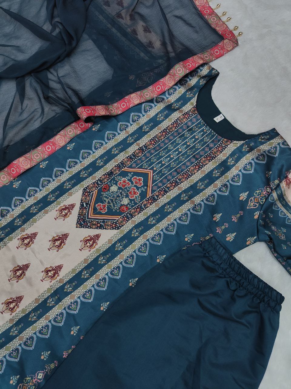Royal Teal & Beige Printed Model Satin Suit Set with Fancy Mirror Work