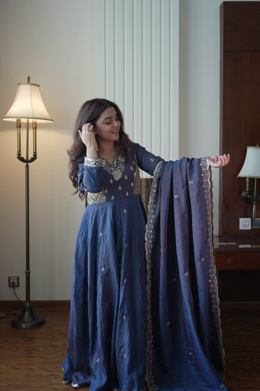 Deep Indigo Embroidered Vichitra Silk Anarkali Suit Set with Dupatta