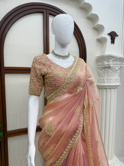 Elegant Onion Pink Pearl Work Salsa Silk Saree