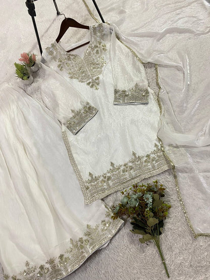 Very Attractive White Fandy Silk Embroidered Suit Set with Dupatta