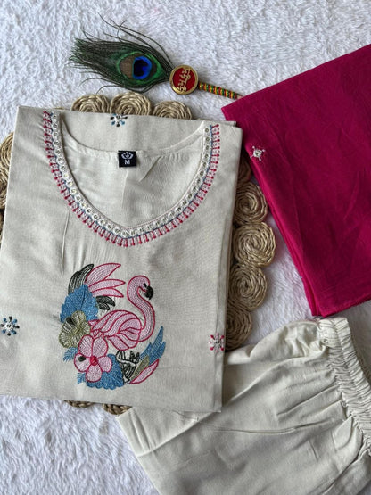 Elegant Off-White Pure Khadi Cotton Embroidered Suit Set with Rani Pink Dupatta