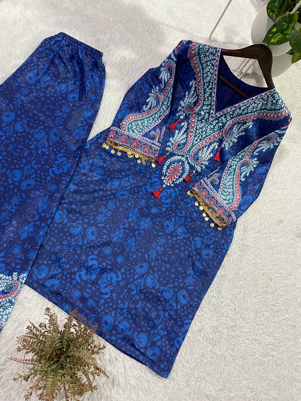 Designer Royal Blue Printed Crepe Silk Co-ord Set With Yoke Tassels