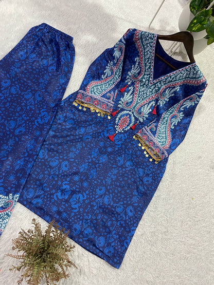 Designer Royal Blue Printed Crepe Silk Co-ord Set With Yoke Tassels