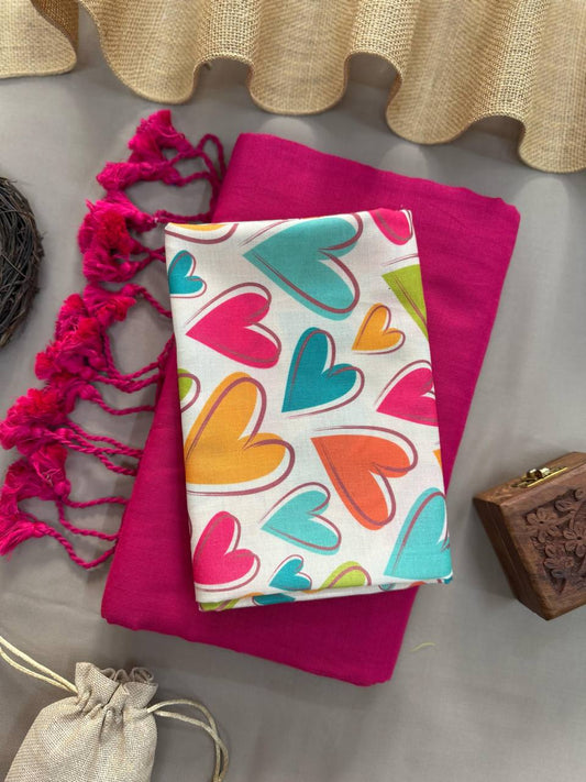 Beautiful Pink Handloom Cotton Saree With Heart Printed Blouse