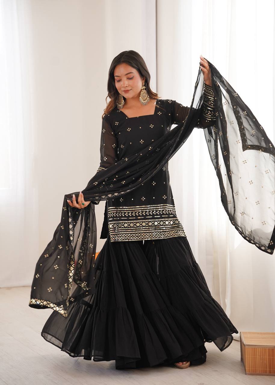 Black Pure Heavy Georgette Embroidery Sharara Suit Set