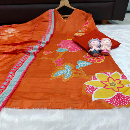 Designer Brown Soft Muslin Salwar Suit with Big Digital Floral Applique Print