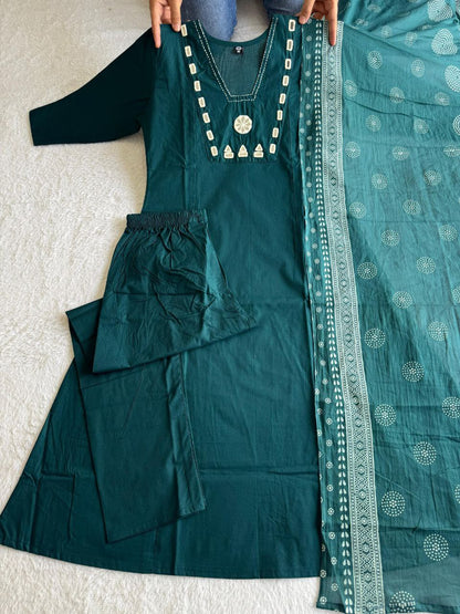 Emerald Teal Cotton Ethnic Suit Set With Real Mirror Hand Work