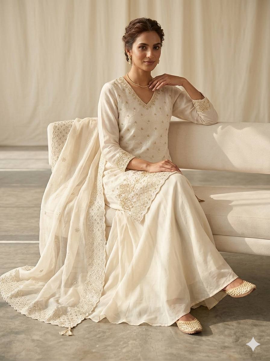 Elegant White Fendy Silk Sharara Suit Set with Sequence Embroidery Work