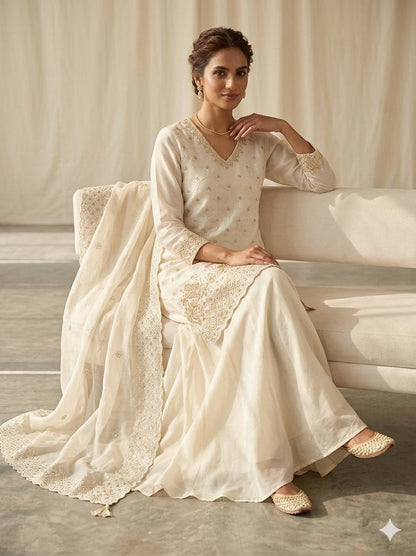 Elegant White Fendy Silk Sharara Suit Set with Sequence Embroidery Work