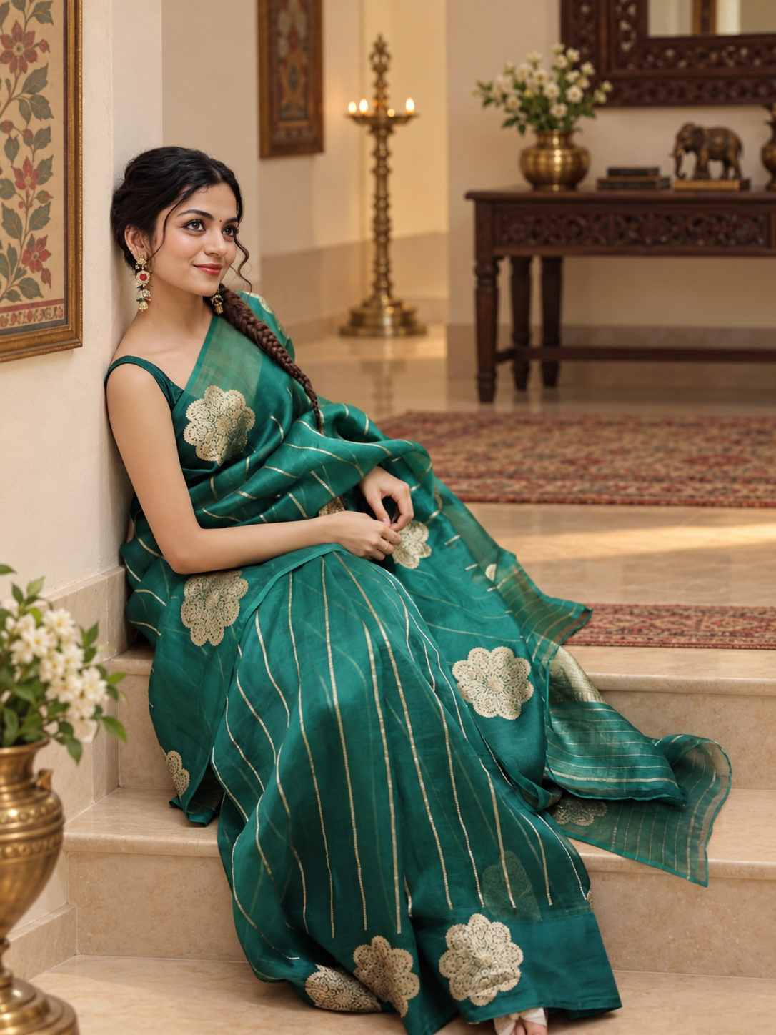 Festive Green Linen Silk Saree With Gold Zari & Demanding Blouse Piece