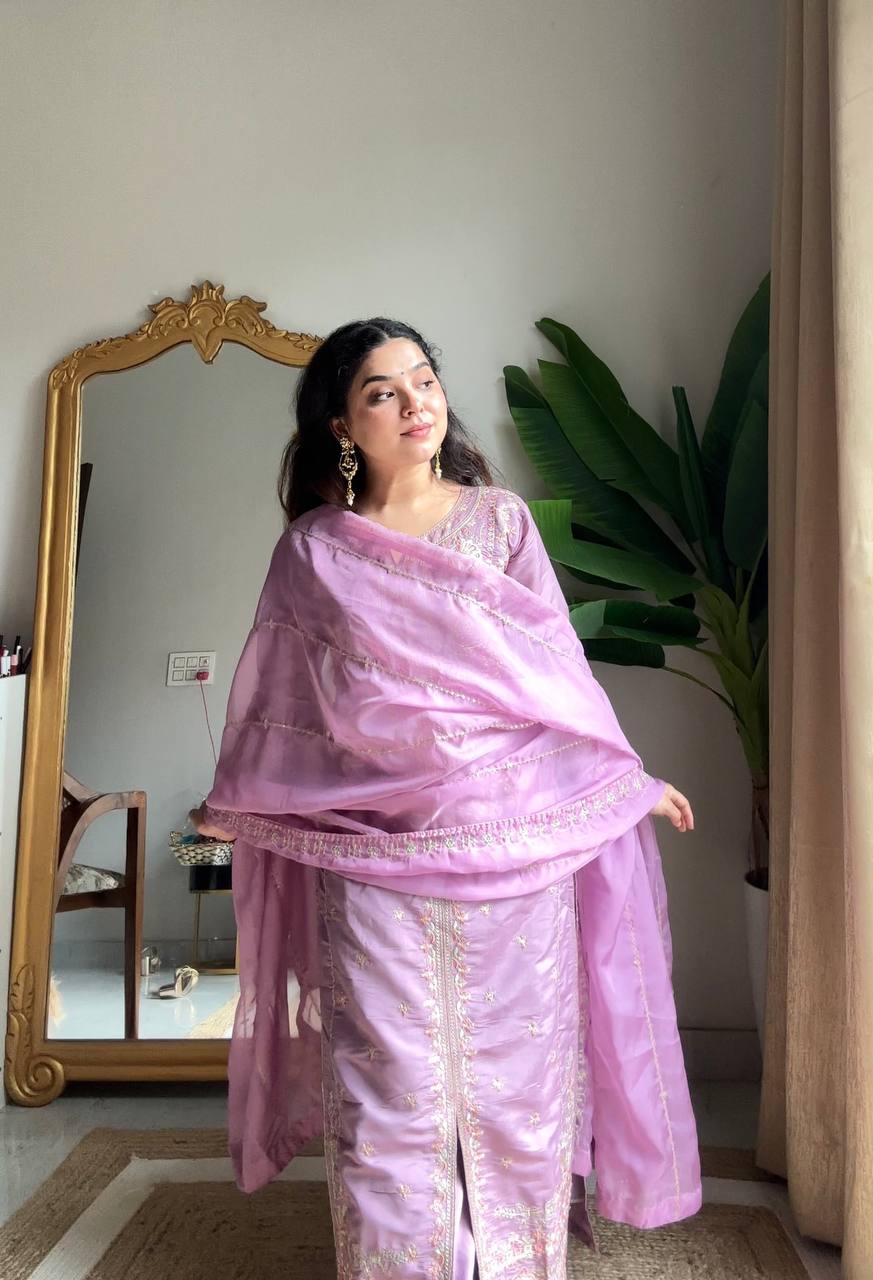 Premium Roman Silk Embroidery Suit Set With Dupatta