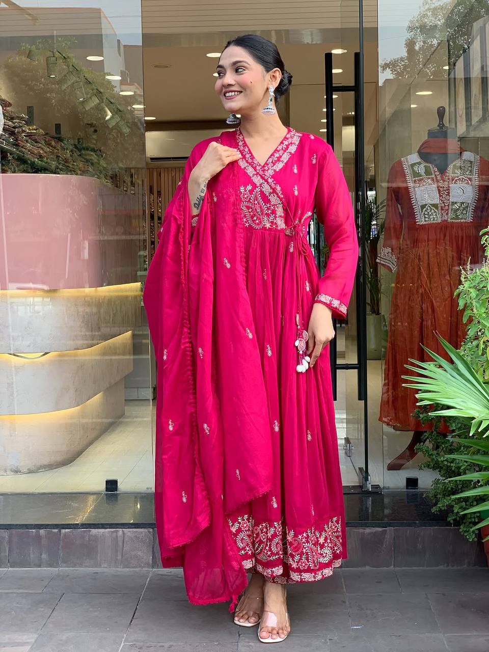 Premium Rani Pink Roman Silk Festive Angrakha Suit Set with Dupatta