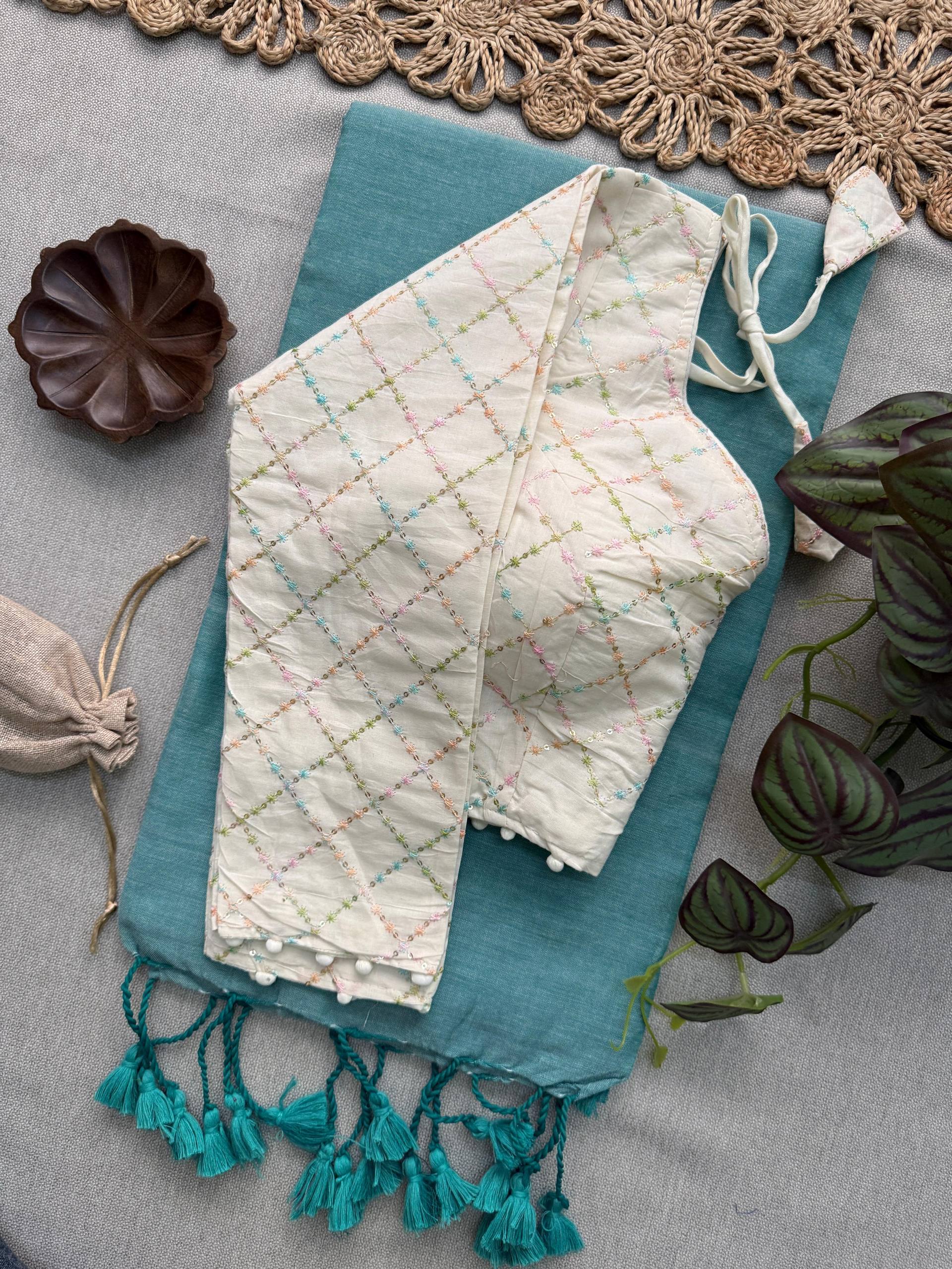 Stylish- C Green Handloom Cotton Saree With Havy Embroidery Work Stitched Blouse