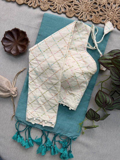 Stylish- C Green Handloom Cotton Saree With Havy Embroidery Work Stitched Blouse