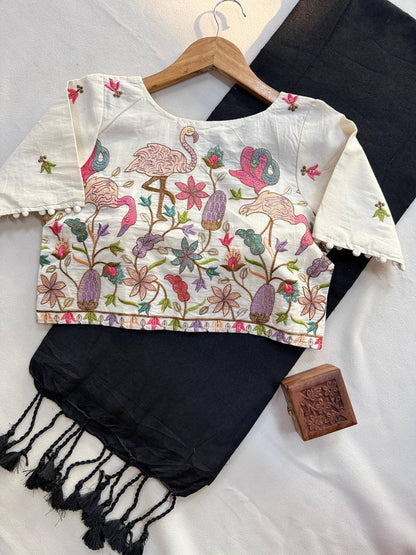 Pure Handloom Cotton Saree With Stitched Embroidery Blouse