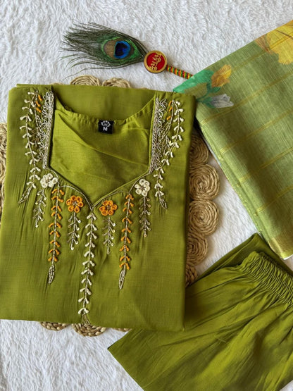 Premium Olive Green Mul Chanderi Suit Set With Beautiful Handwork