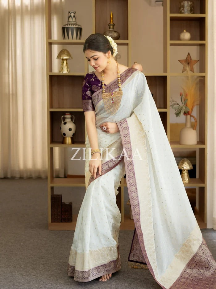 Girlish Beige Soft Silk Saree With Outstanding Blouse Piece