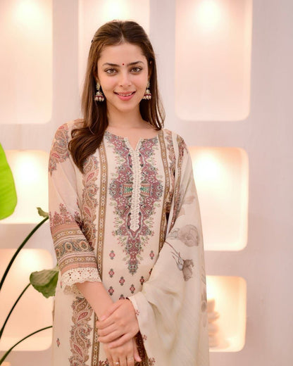 Elegant Cream Heavy Muslin Digital Printed Suit Set with Delicate Lace Work