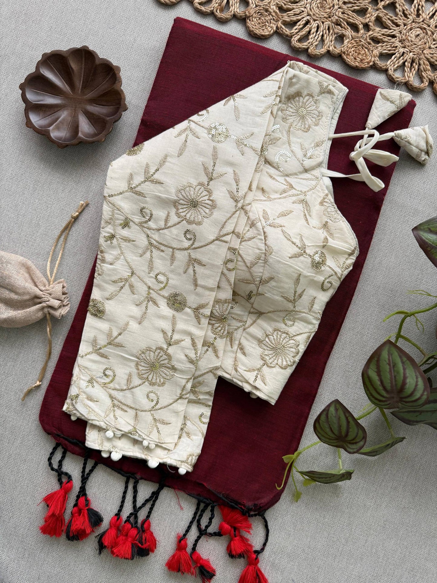 Attractive- Maroon Handloom Cotton Saree With Havy Embroidery Work Stitched Blouse