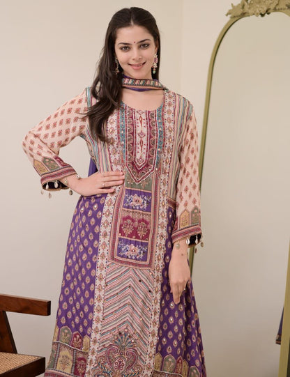 Attractive Violet Patchwork Printed Chinon Suit Set with Fancy Mirror Work